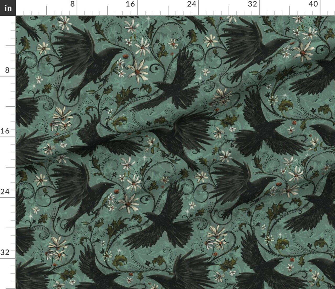 Various Fabrics by the Yard or Fat Quarter Gothic Ravens Autumn Floral Halloween Bohemian Magic Dark Moody Corvid Teal Cyan Custom Printed Fabric by Spoonflower